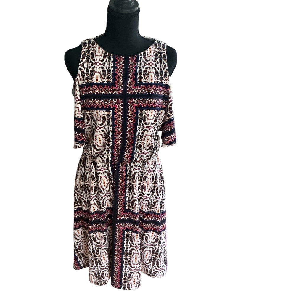 Maggy London Cold Shoulder Tile Print Dress‎ Burgundy Navy US 6